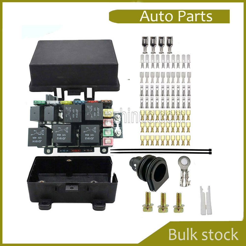 Waterproof fuse relay box with 7 relays, 9 blade fuses (3 spares) and 4 quadratic fuses, 1 100A chip fuse, fuse relay holder for jeeps and trucks.