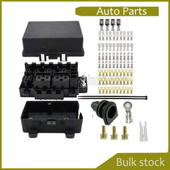 Waterproof fuse relay box with 7 relays, 9 blade fuses (3 spares) and 4 quadratic fuses, 1 100A chip fuse, fuse relay holder for jeeps and trucks.