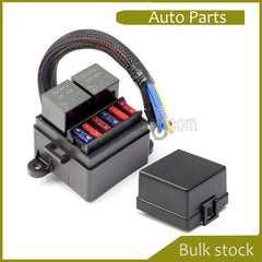 Pre-Wired Relay Box with 2 4-Pin Relays 80A, 6 Blade Fuse Connections for 12V Cars, Trucks and Boats