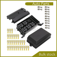 12/24VFuse Relay Box Distributor Holder, 6 Pin Relay + 6 Slots, / ATC Fuse Block, 41 pcs. Metal Terminals, Universal Compatible(6 relay sockets, 6 fuses)