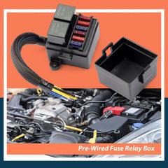 Pre-Wired Relay Box with 2 4-Pin Relays 80A, 6 Blade Fuse Connections for 12V Cars, Trucks and Boats