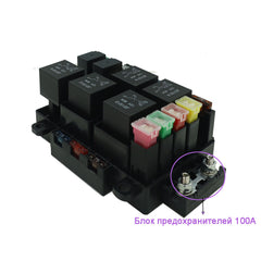 Waterproof fuse relay box with 7 relays, 9 blade fuses (3 spares) and 4 quadratic fuses, 1 100A chip fuse, fuse relay holder for jeeps and trucks.