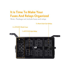 12/24VFuse Relay Box Distributor Holder, 6 Pin Relay + 6 Slots, / ATC Fuse Block, 41 pcs. Metal Terminals, Universal Compatible(6 relay sockets, 6 fuses)