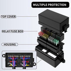 Automotive Relay Fuse Block with 4pcs 40A 12V 5-Pin Relays 6ATC/ATO Fuses 5A 10A 15A 20A 25A 30A with 4 Relay Slots and 6 ATC/ATO Fuse Holders Universal Fuse Block for Cars, Trucks, Boats, and Ships