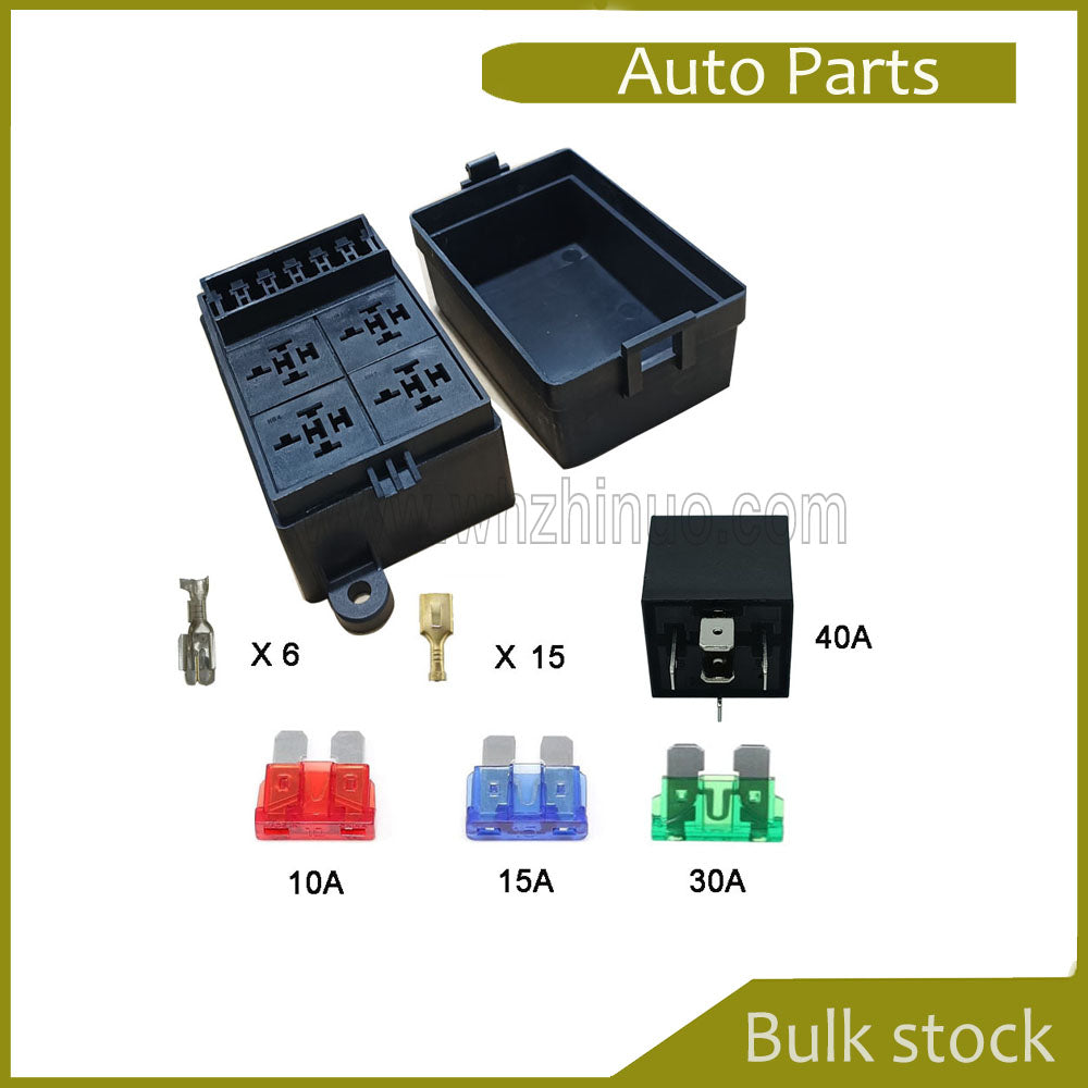 Automotive Relay Fuse Block with 4pcs 40A 12V 5-Pin Relays 6ATC/ATO Fuses 5A 10A 15A 20A 25A 30A with 4 Relay Slots and 6 ATC/ATO Fuse Holders Universal Fuse Block for Cars, Trucks, Boats, and Ships